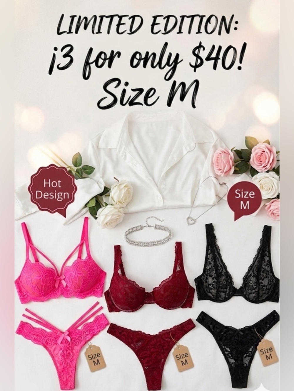 Others Follow Lace 3-Piece Bra & Thong Set — Pink, Red & Black